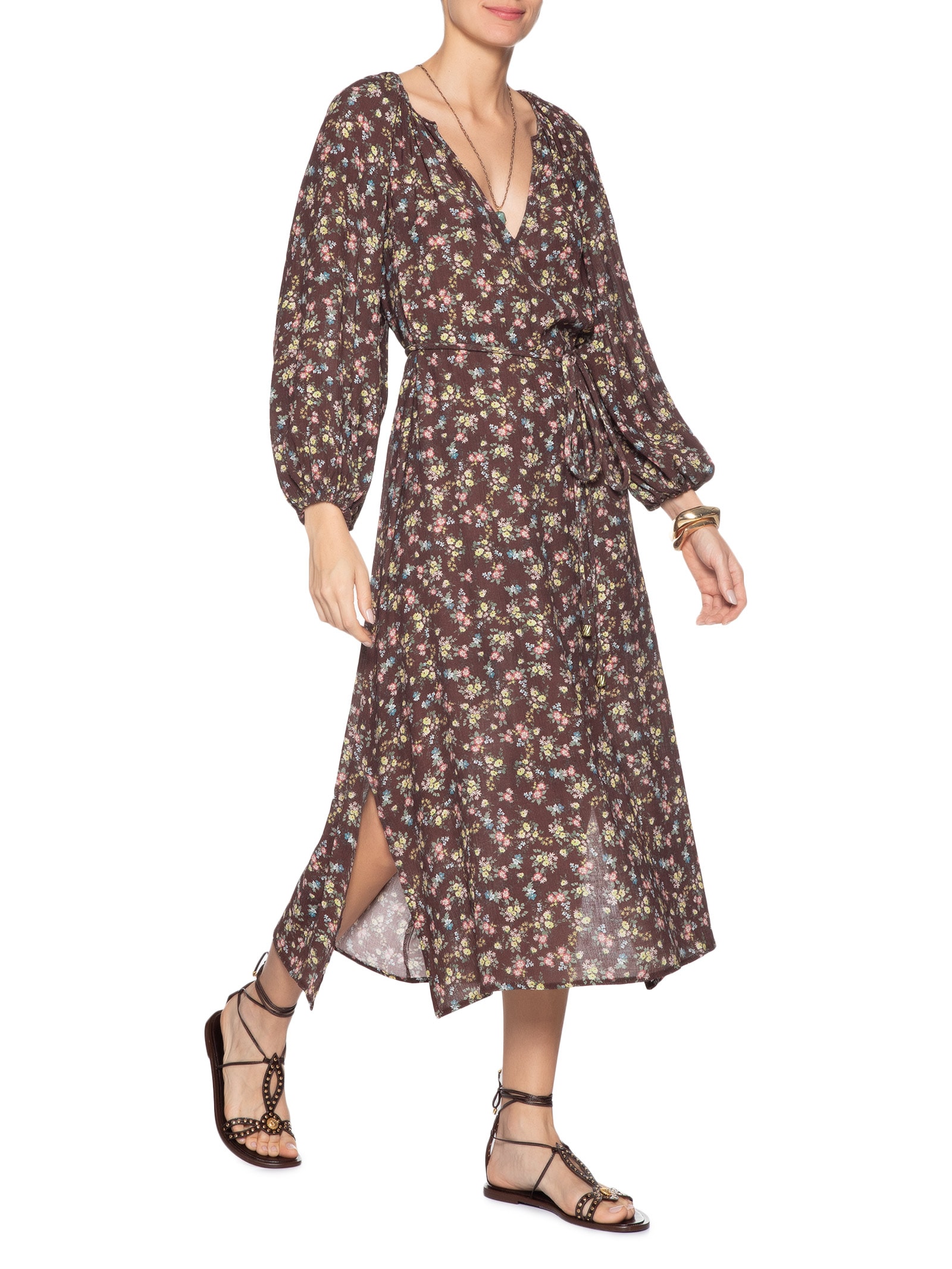 Vestido Midi Decote Estampa Blumi Marrom Maria Filó