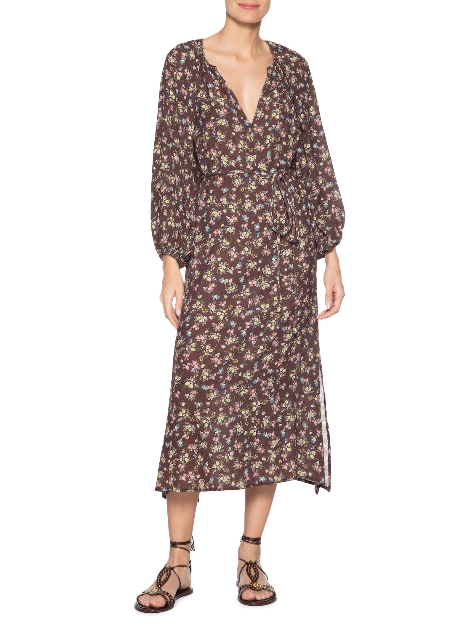 Vestido Midi Decote Estampa Blumi Marrom Maria Filó