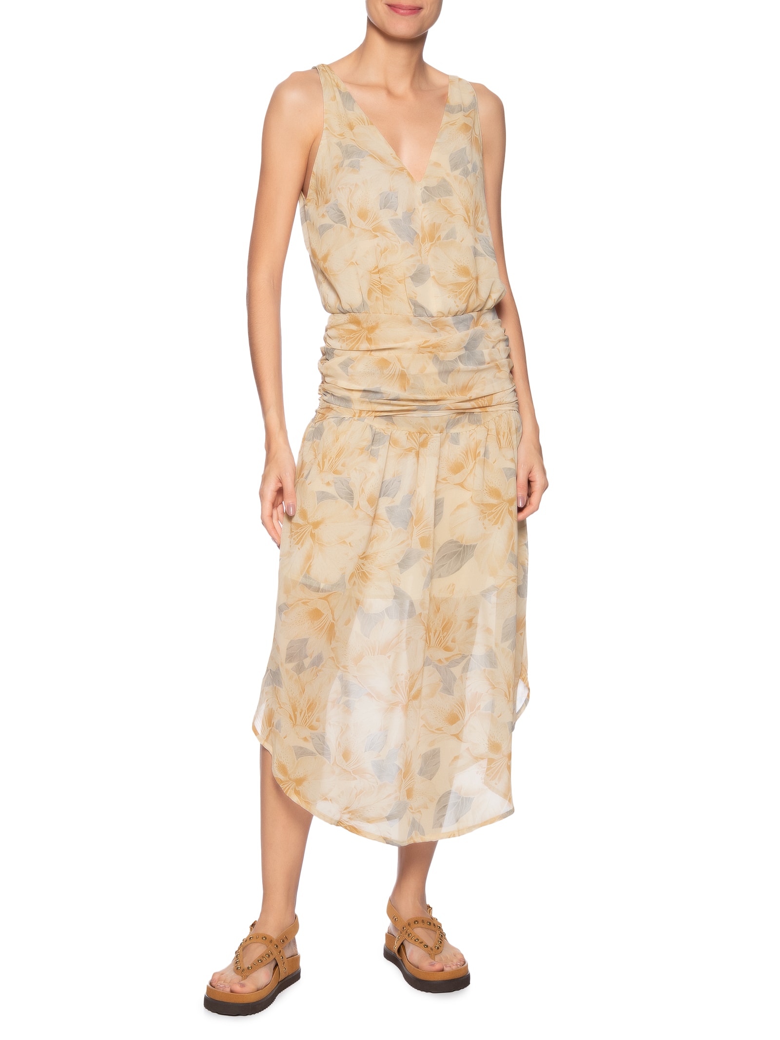 Vestido Midi Decote Estampa Flora Bege Maria Filó