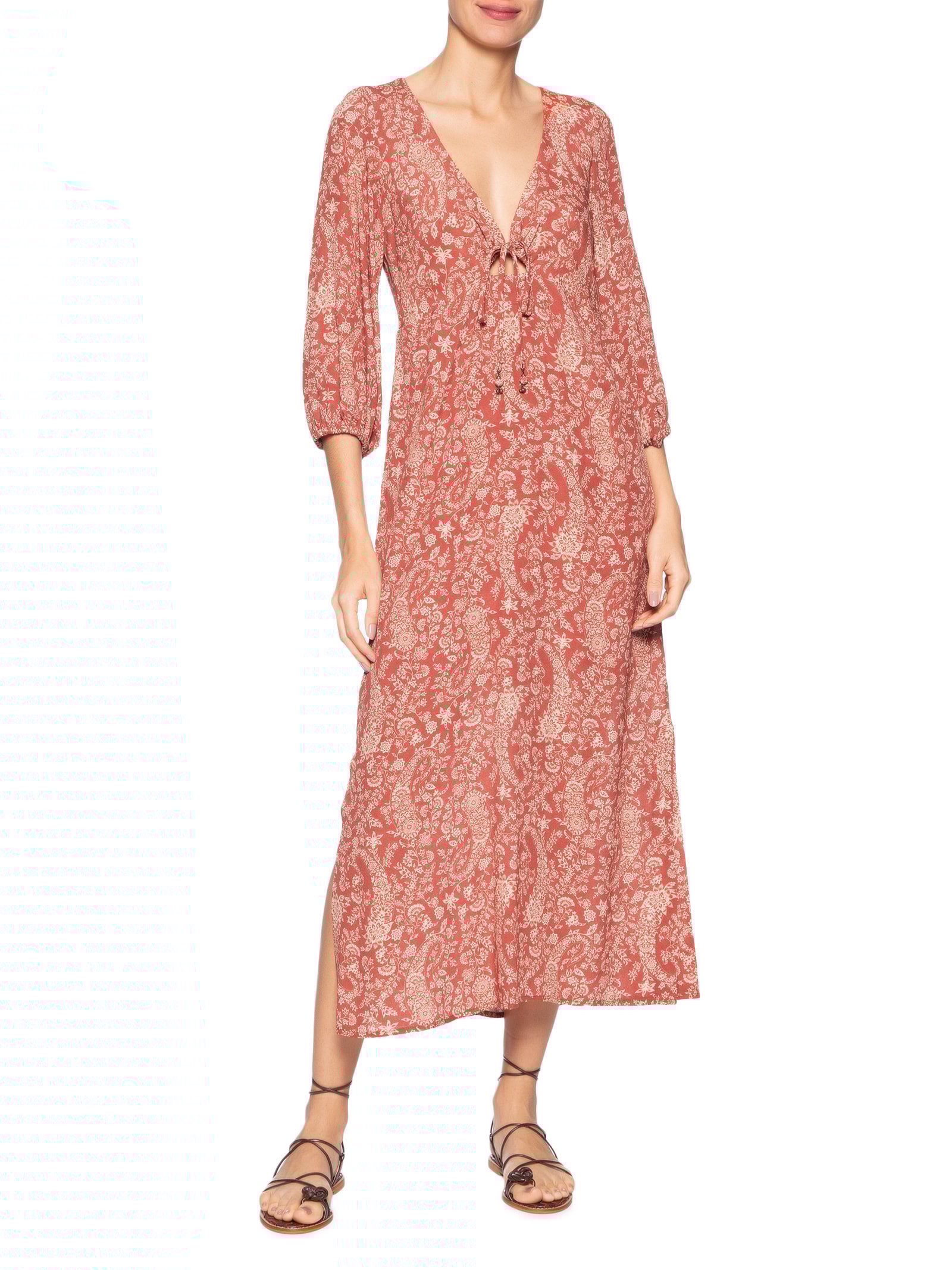 Vestido Midi Decote Estampa Maze Vermelho Maria Filó