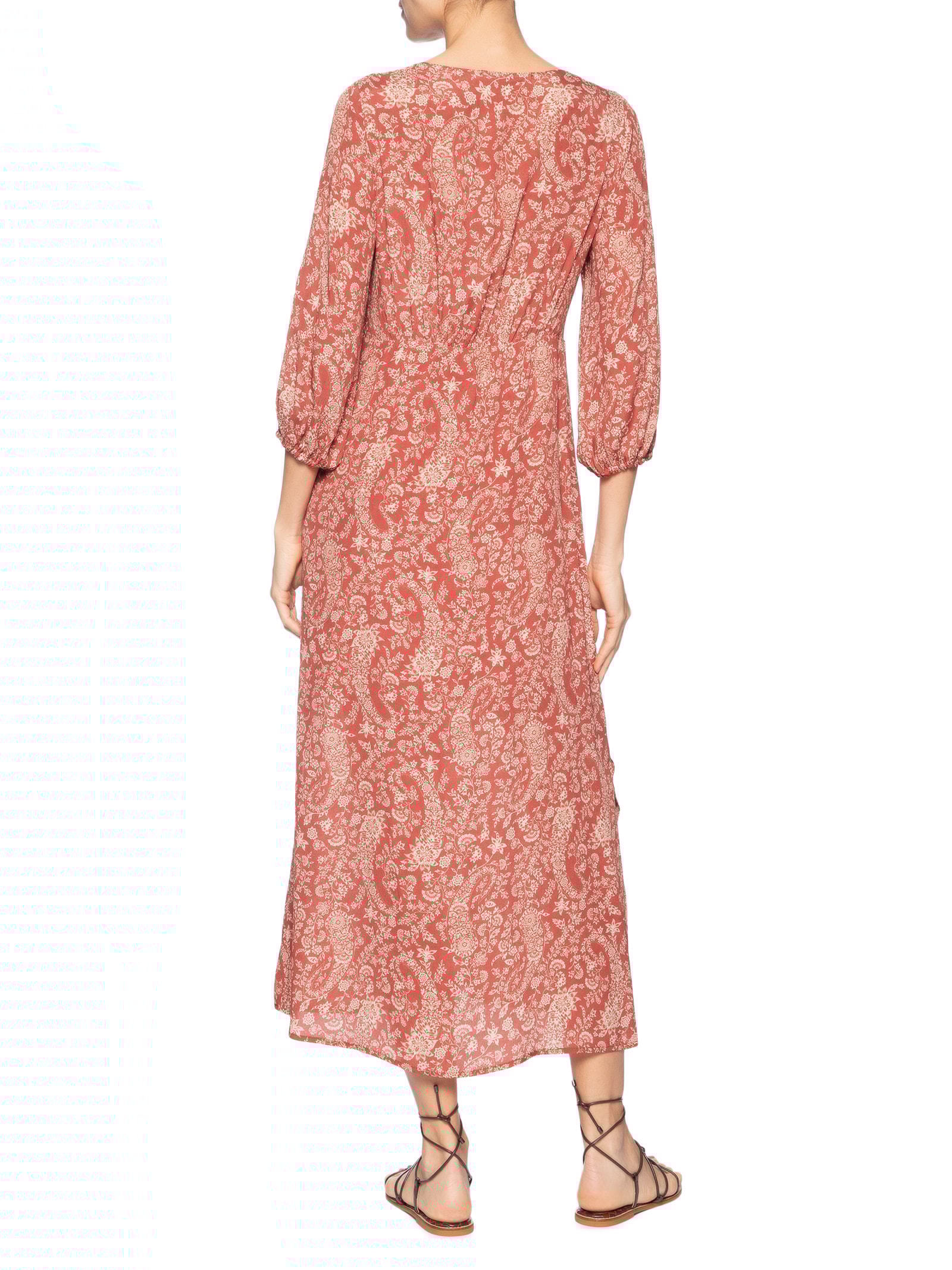 Vestido Midi Decote Estampa Maze Vermelho Maria Filó