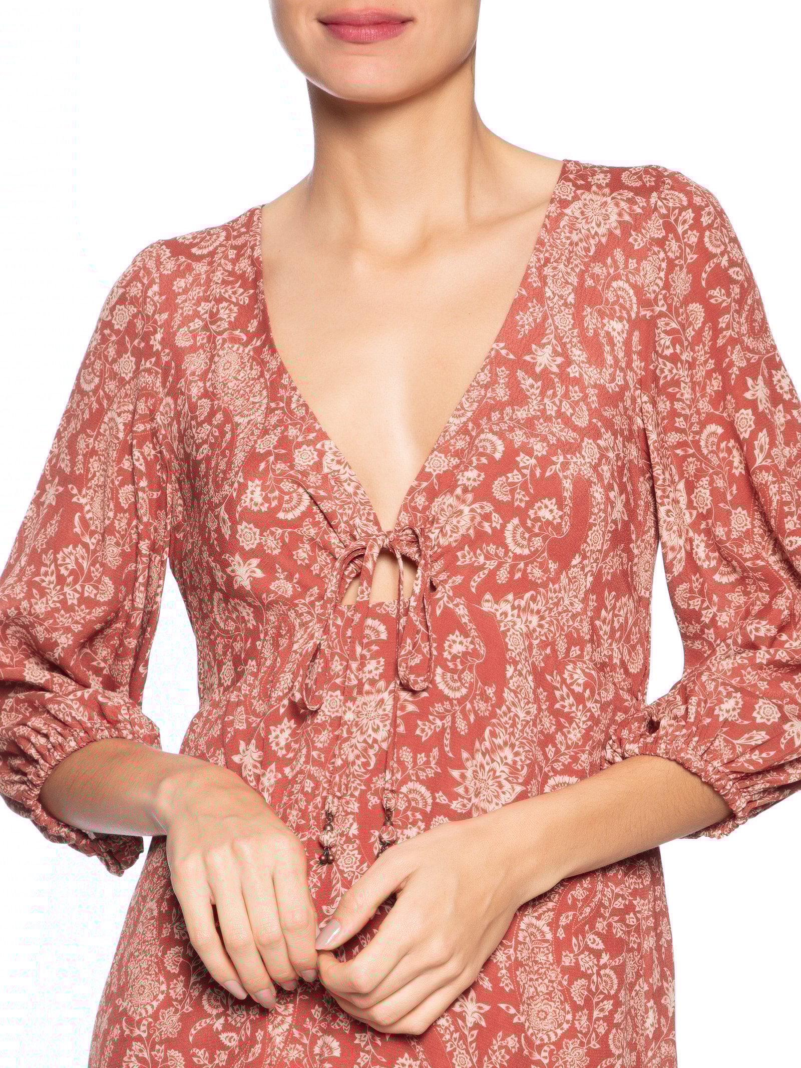 Vestido Midi Decote Estampa Maze Vermelho Maria Filó