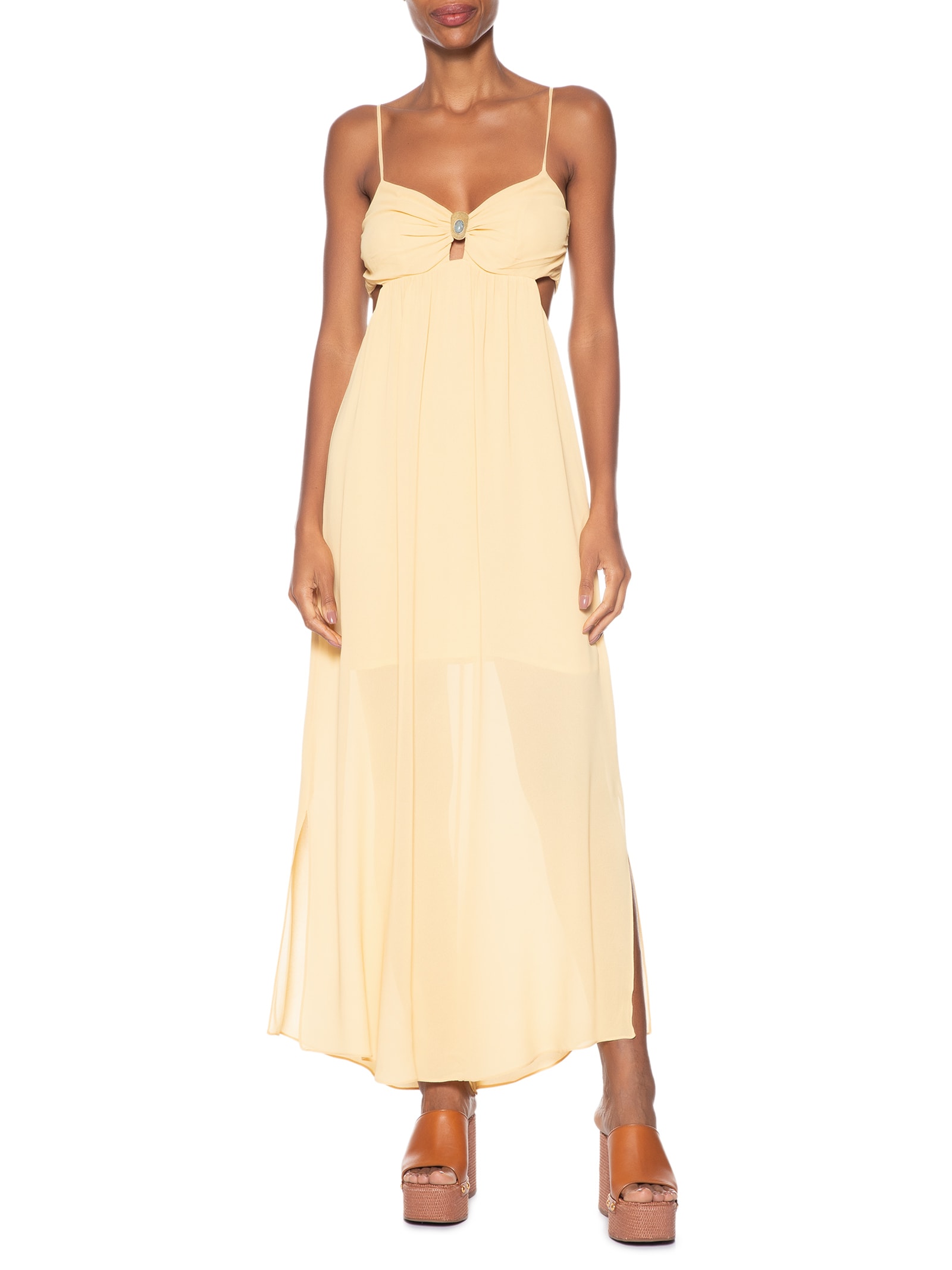 Vestido Midi Decote Metal Amarelo Maria Filó