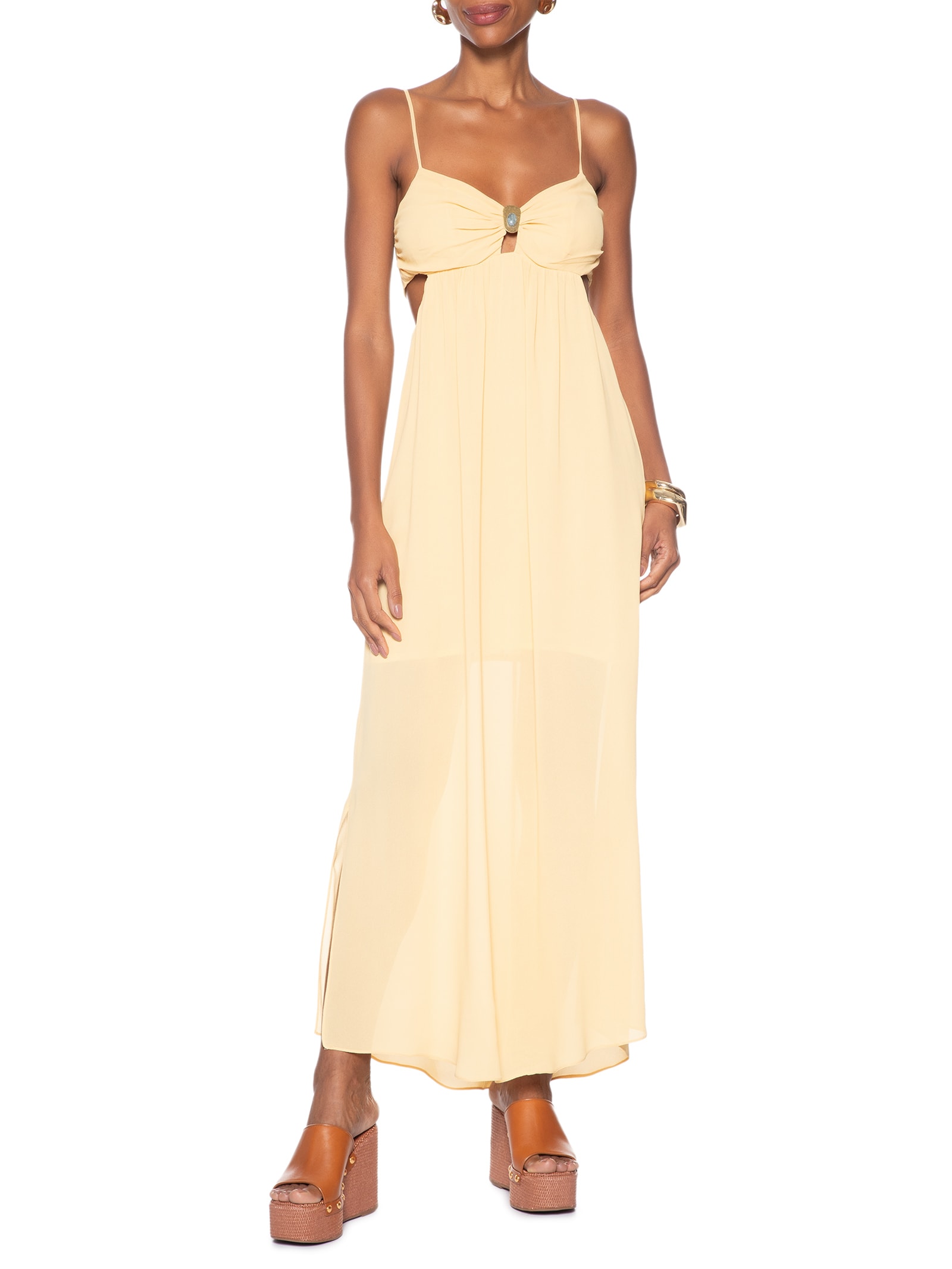 Vestido Midi Decote Metal Amarelo Maria Filó