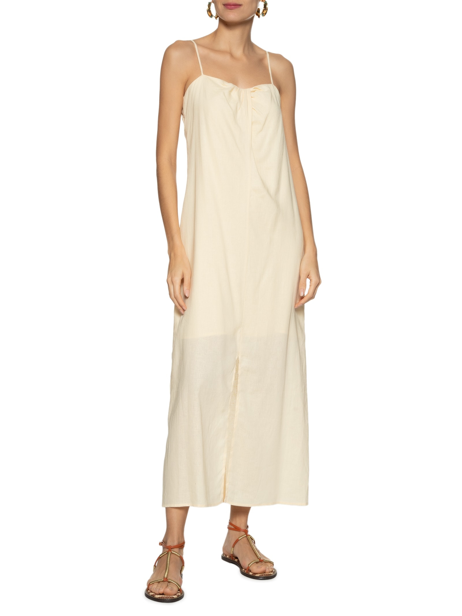 Vestido Midi Decote Pregas Bege Dress To