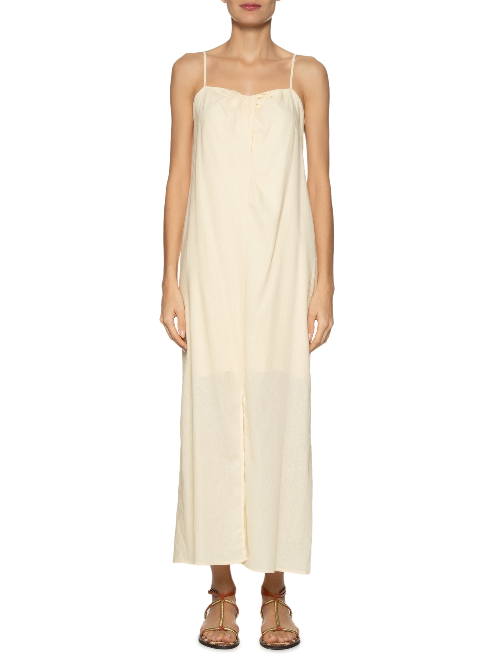 Vestido Midi Decote Pregas Bege Dress To