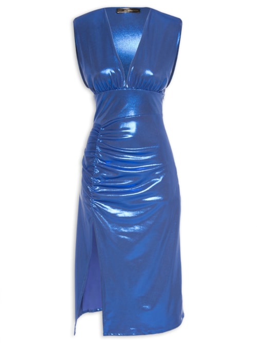 Vestido Midi Decote Profundo Com Fenda - Azul