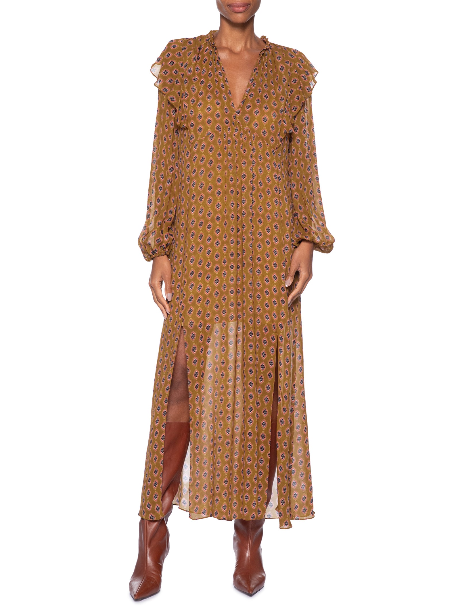 Vestido Midi Decote V Estampado Amarelo Animale