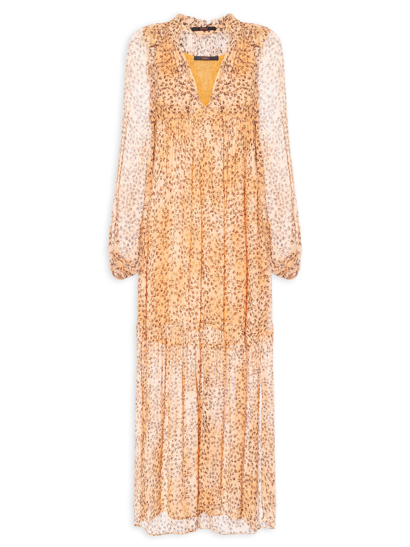 Vestido Midi Decote V Estampado Bege Animale