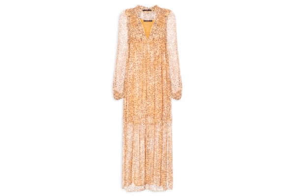 Vestido Midi Decote V Estampado - Bege