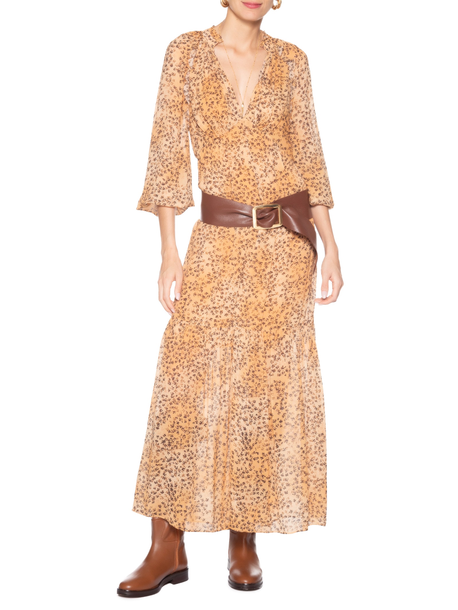 Vestido Midi Decote V Estampado Bege Animale