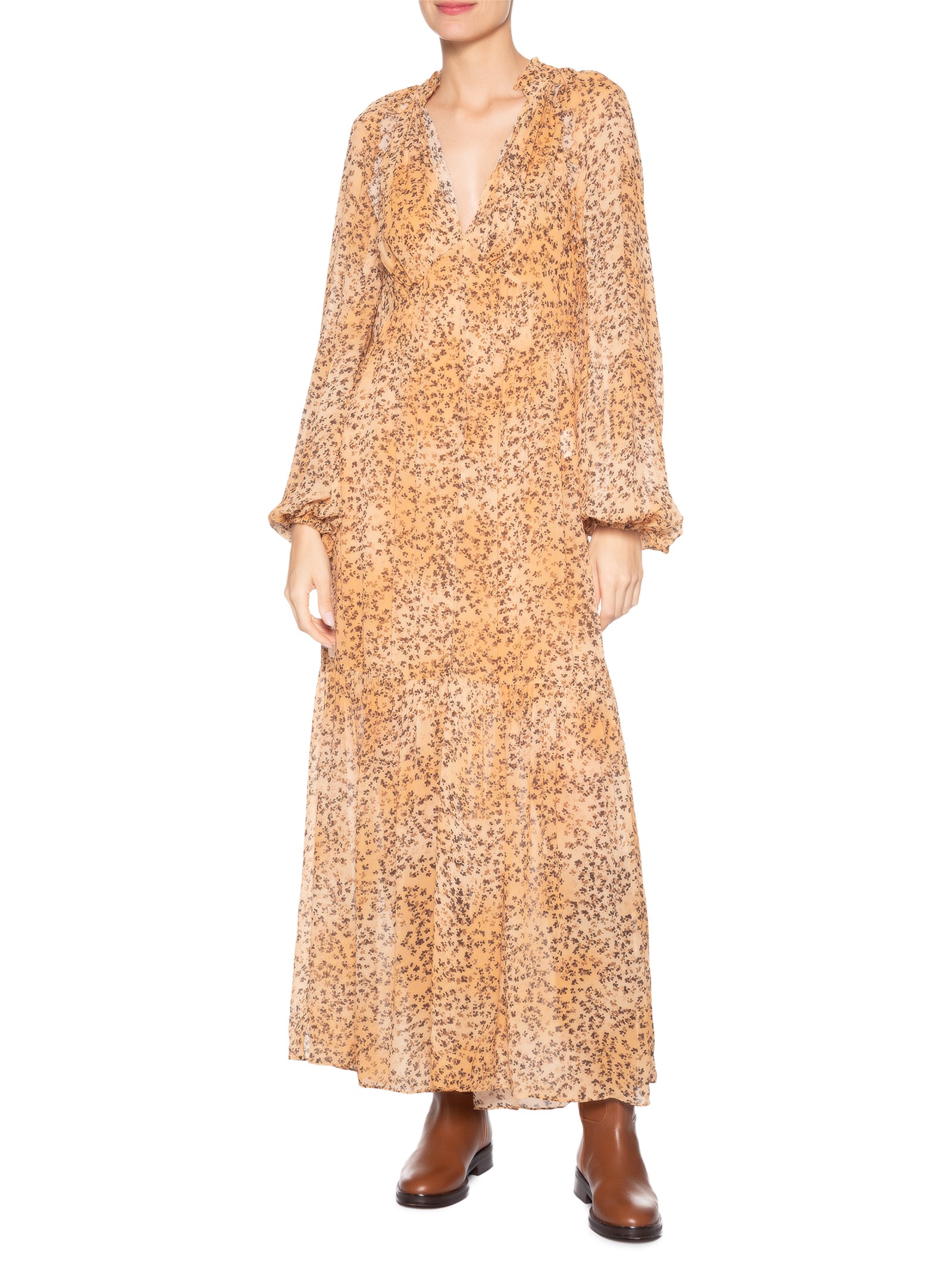 Vestido Midi Decote V Estampado Bege Animale