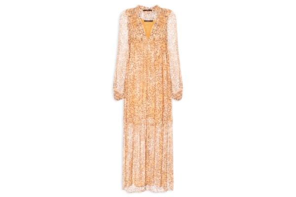 Vestido Midi Decote V Estampado - Bege