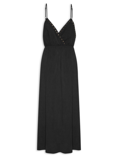 Vestido Midi Decote V Tachas – Preto
