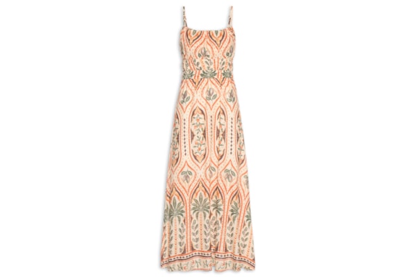 Vestido Midi Detalhe Elástico Estampado – Bege