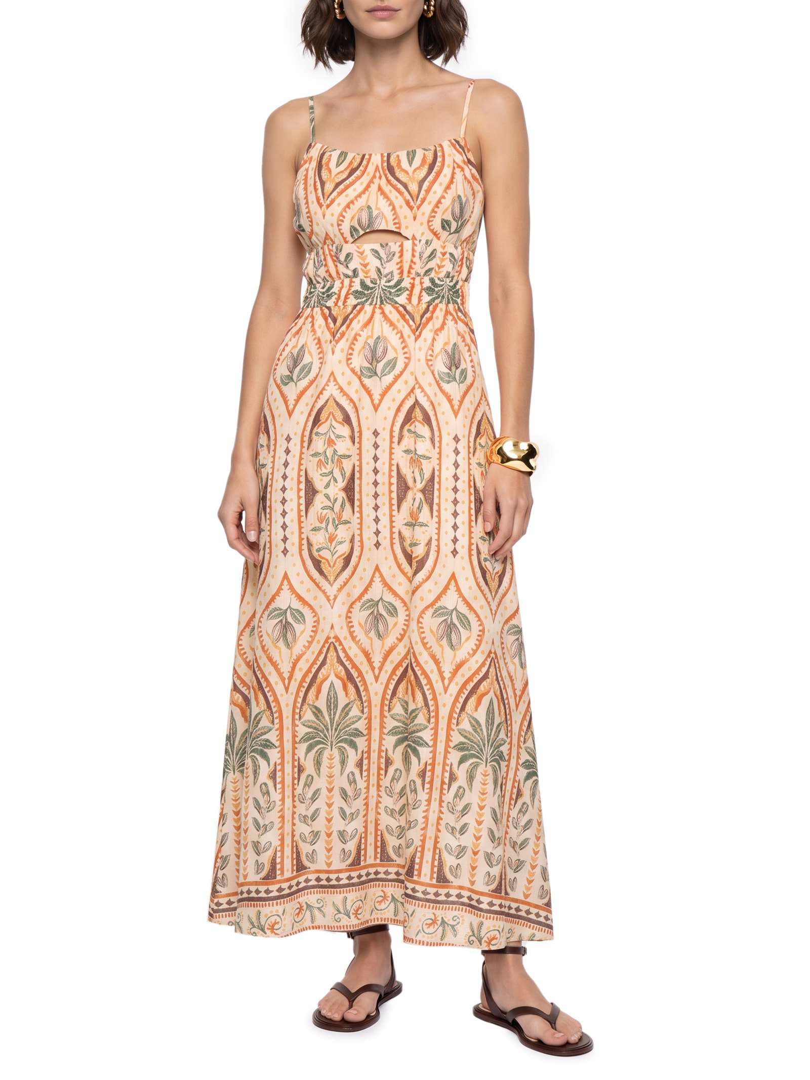 Vestido Midi Detalhe Elástico Estampado – Bege Cacay