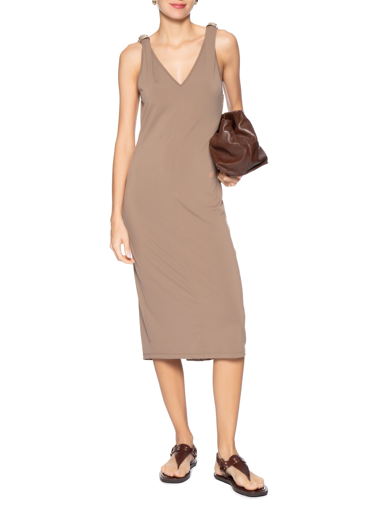 Vestido Midi Detalhe Em Metal Bege Basiq