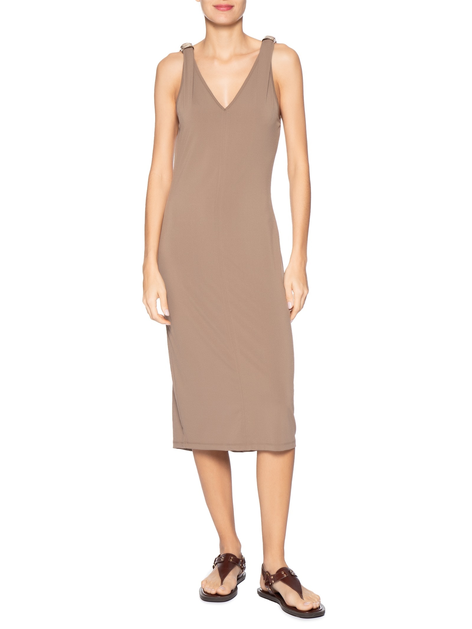 Vestido Midi Detalhe Em Metal Bege Basiq