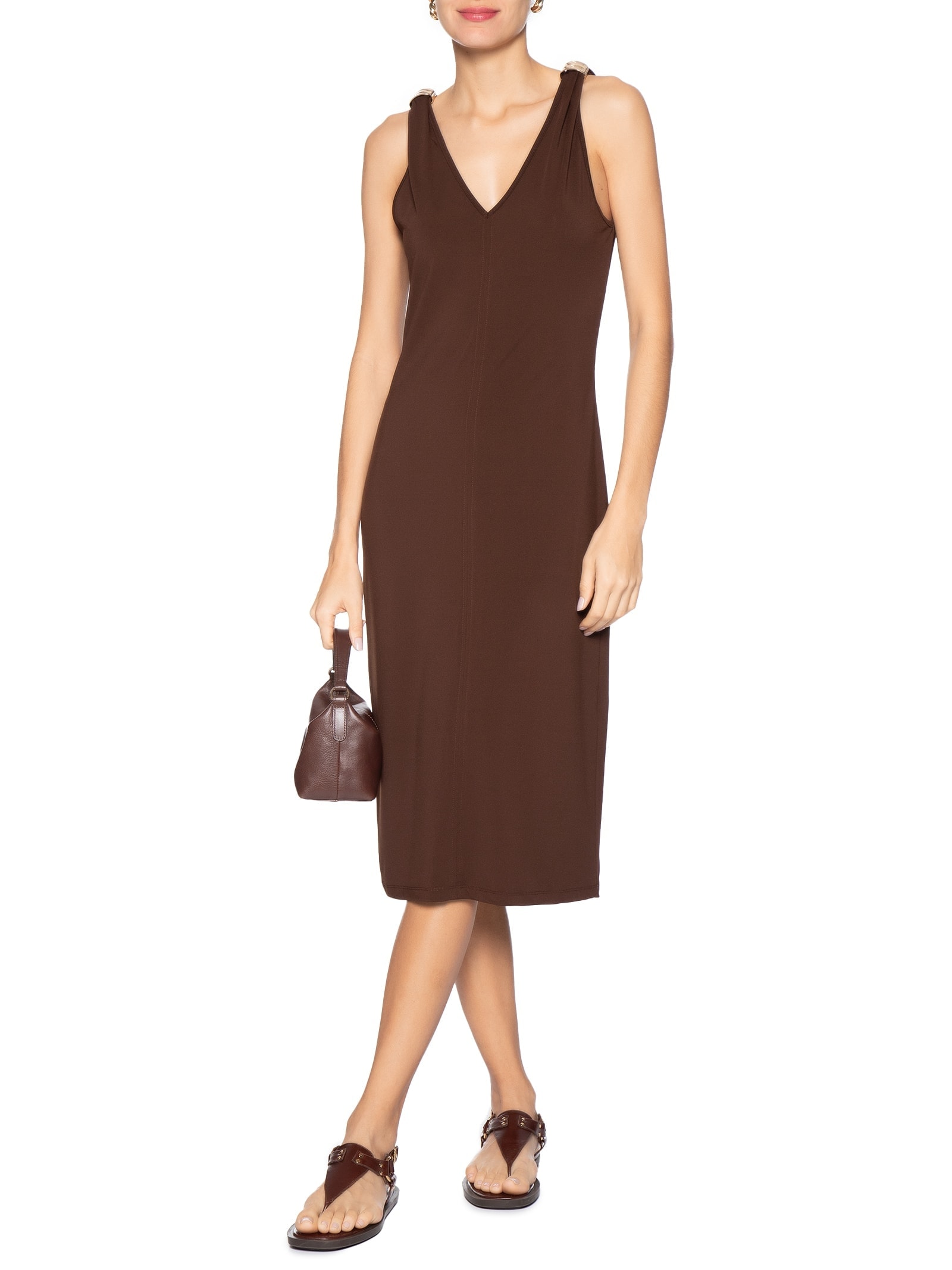 Vestido Midi Detalhe Em Metal Marrom Basiq