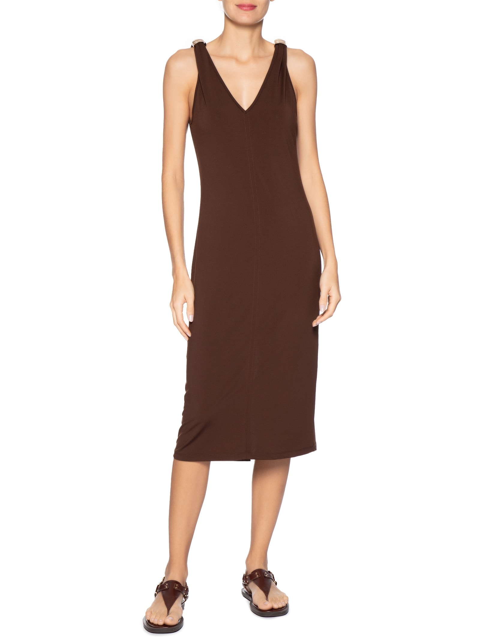 Vestido Midi Detalhe Em Metal Marrom Basiq