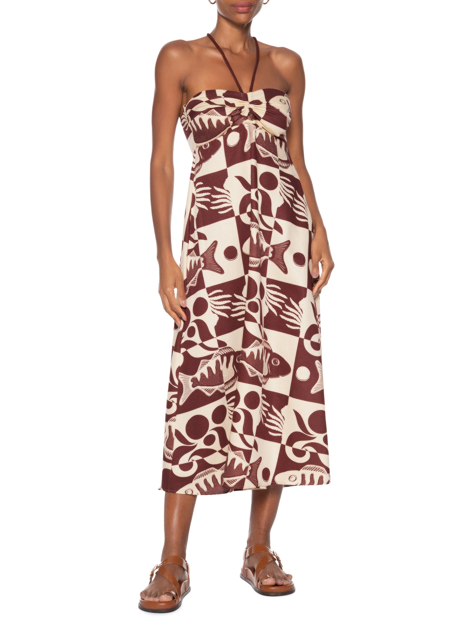 Vestido Midi Detalhe Túnel Corda Est Marrom Cacay