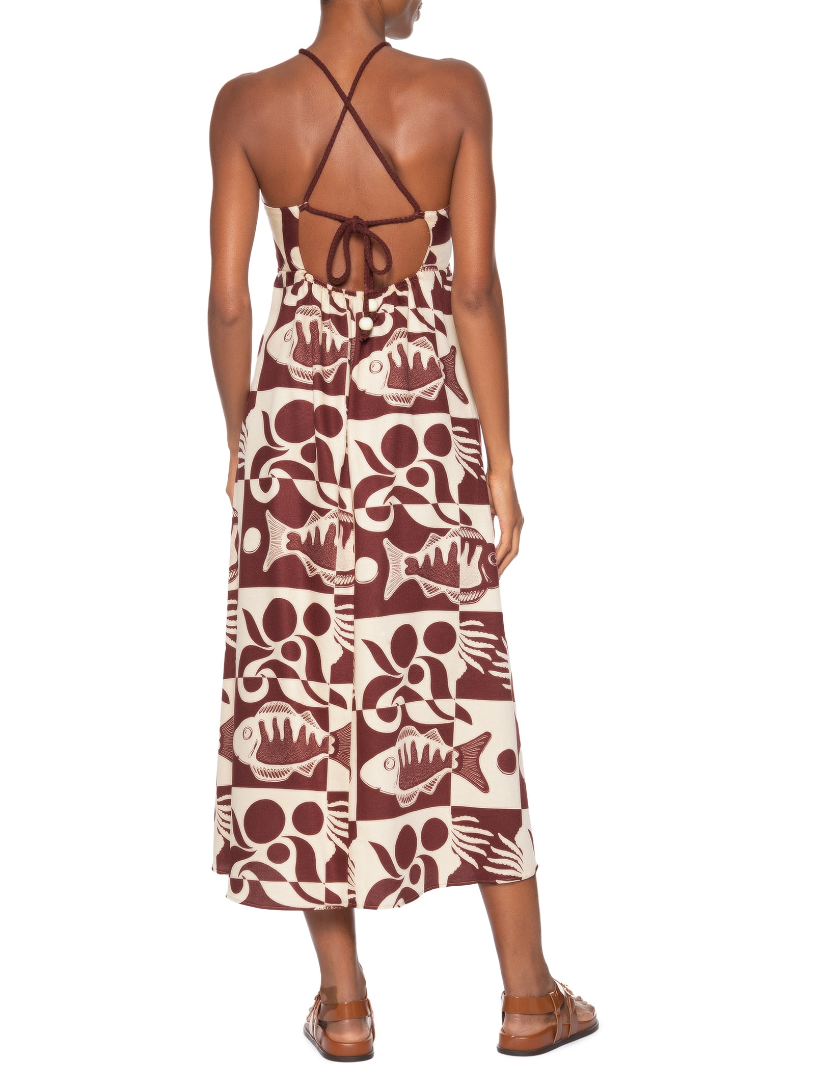 Vestido Midi Detalhe Túnel Corda Est Marrom Cacay