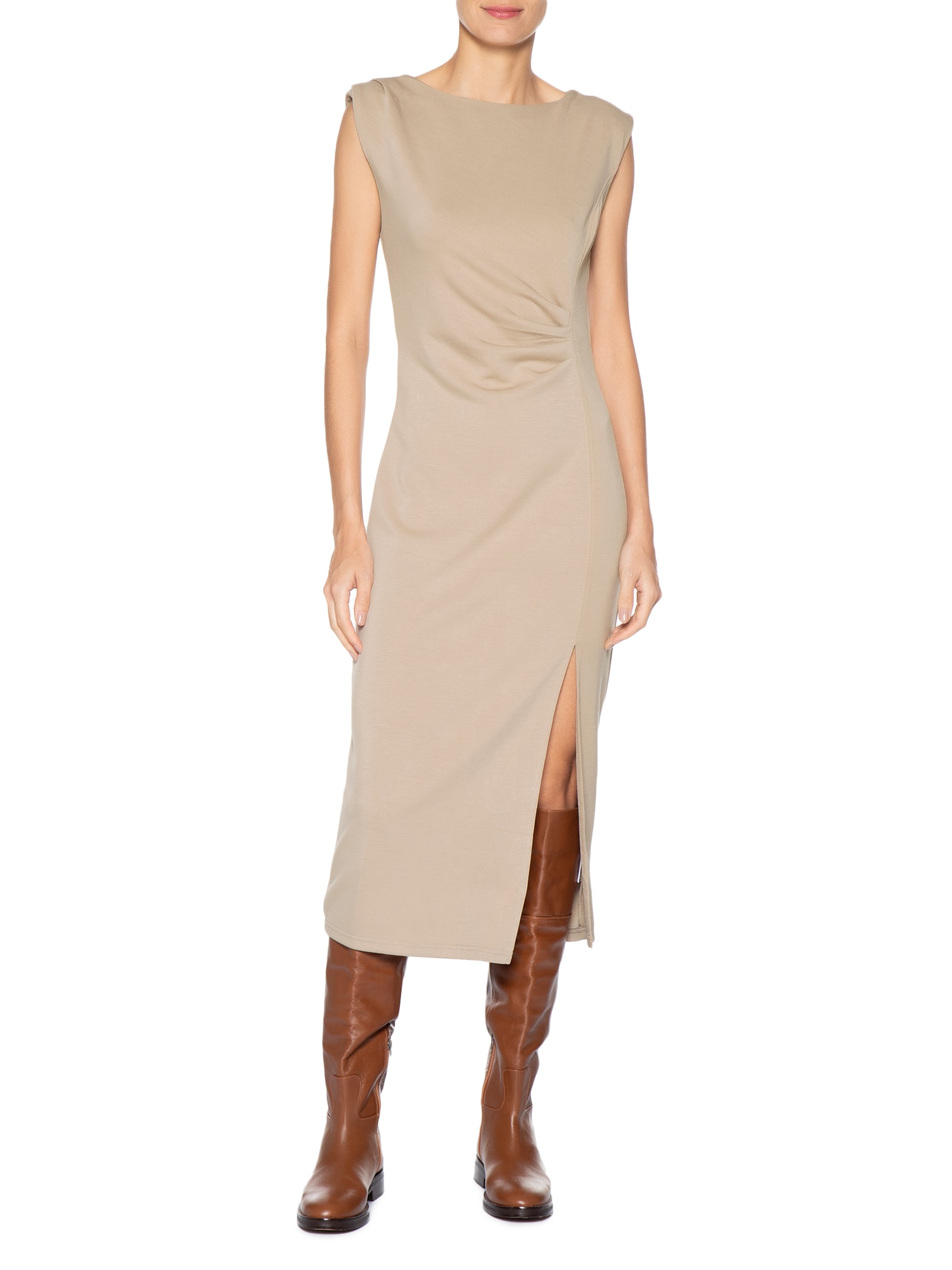 Vestido Midi Drapeado Com Fenda Bege Basiq