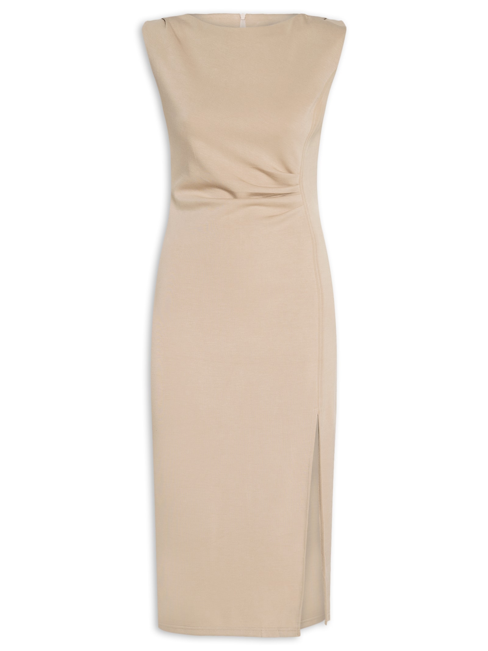 Vestido Midi Drapeado Com Fenda Bege Basiq