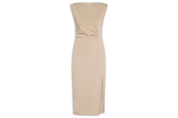 Vestido Midi Drapeado Com Fenda - Bege