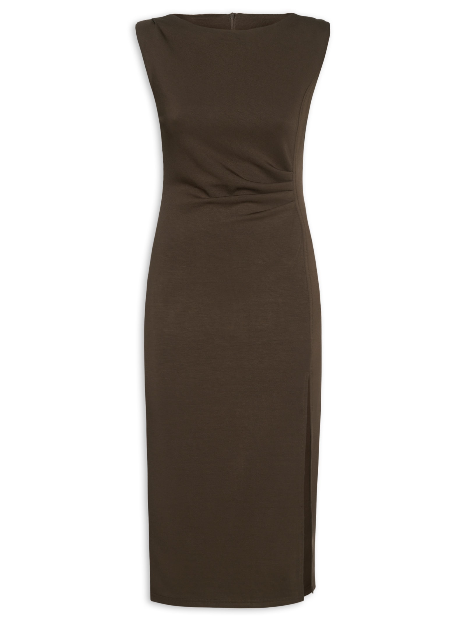 Vestido Midi Drapeado Com Fenda Marrom Basiq