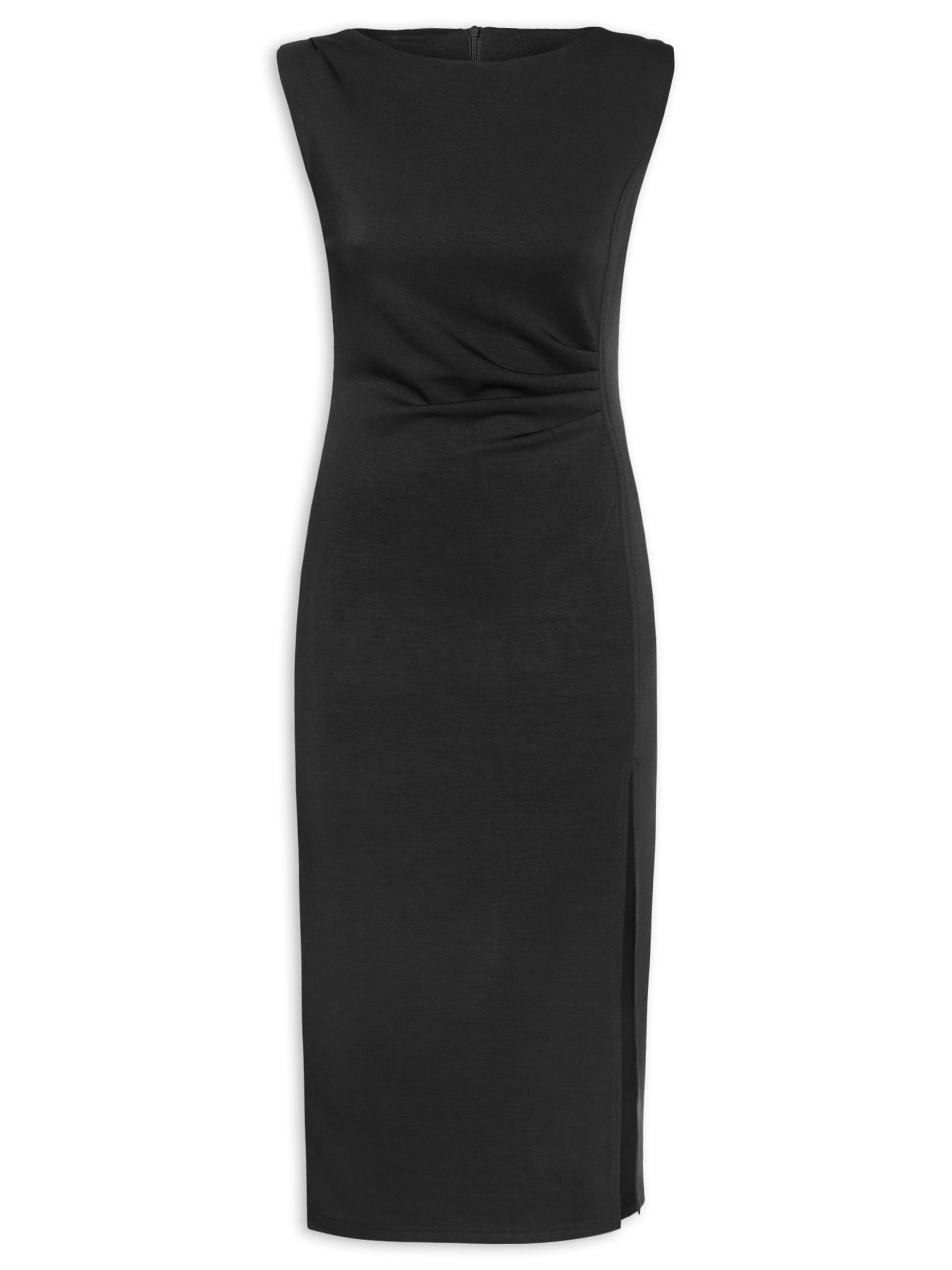 Vestido Midi Drapeado Com Fenda Preto Basiq