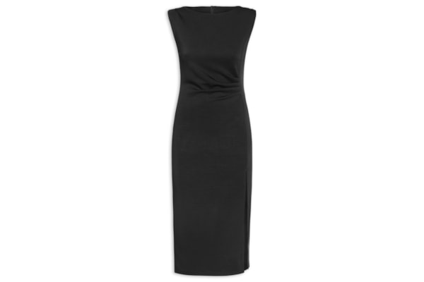 Vestido Midi Drapeado Com Fenda - Preto