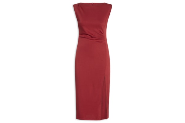 Vestido Midi Drapeado Com Fenda - Vermelho