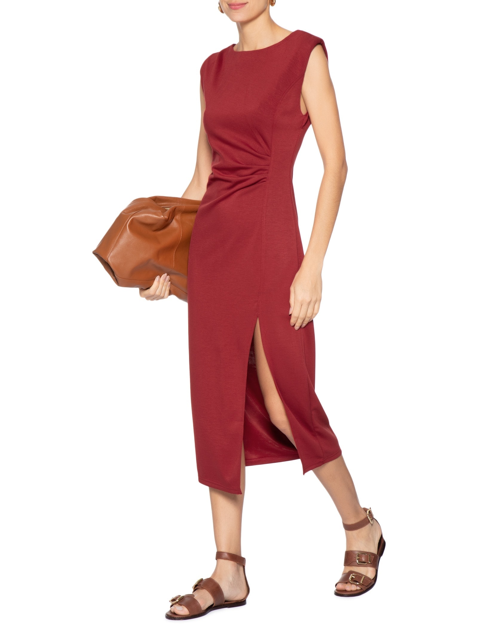 Vestido Midi Drapeado Com Fenda Vermelho Basiq