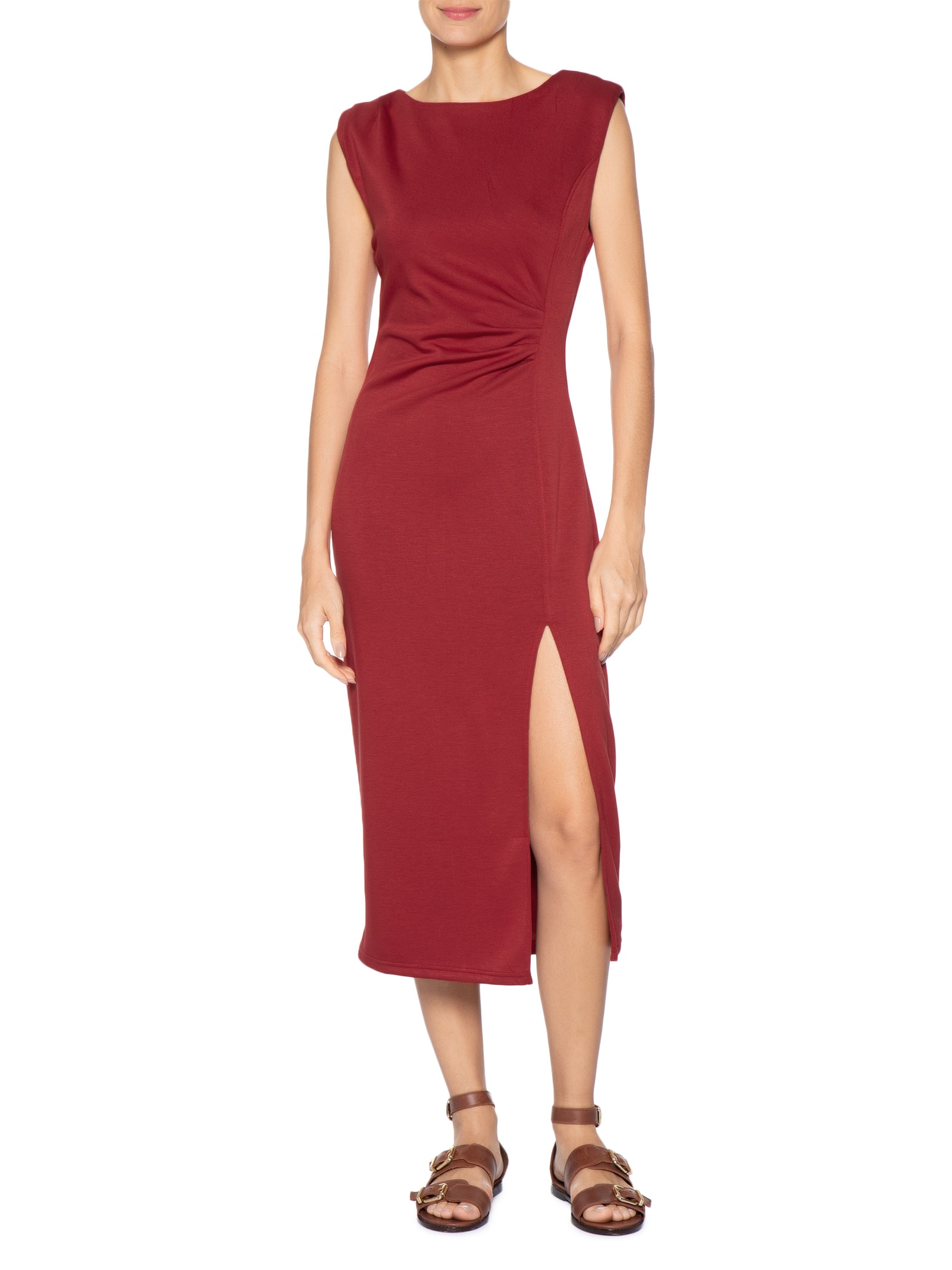 Vestido Midi Drapeado Com Fenda Vermelho Basiq