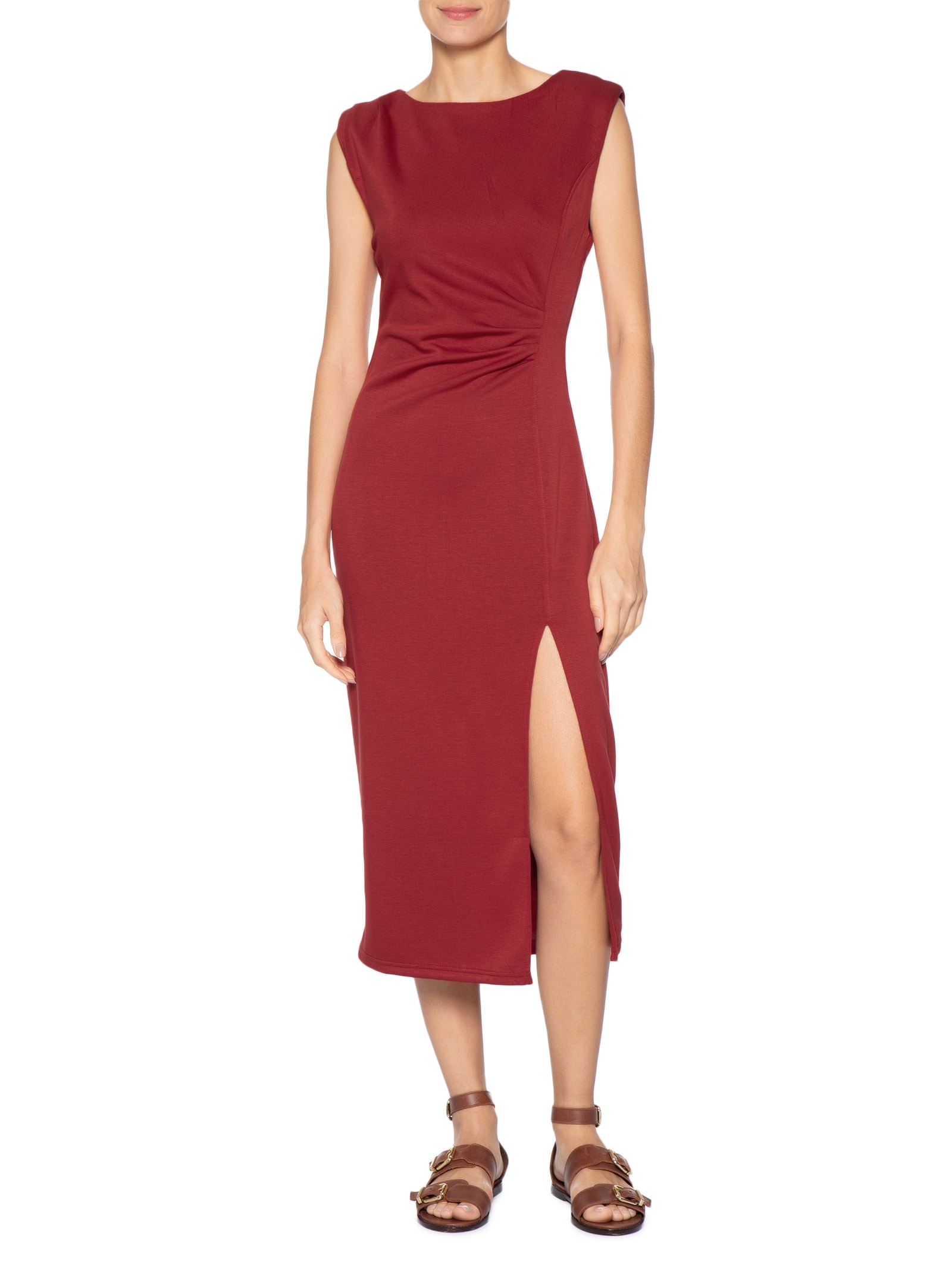 Vestido Midi Drapeado Com Fenda Vermelho Basiq