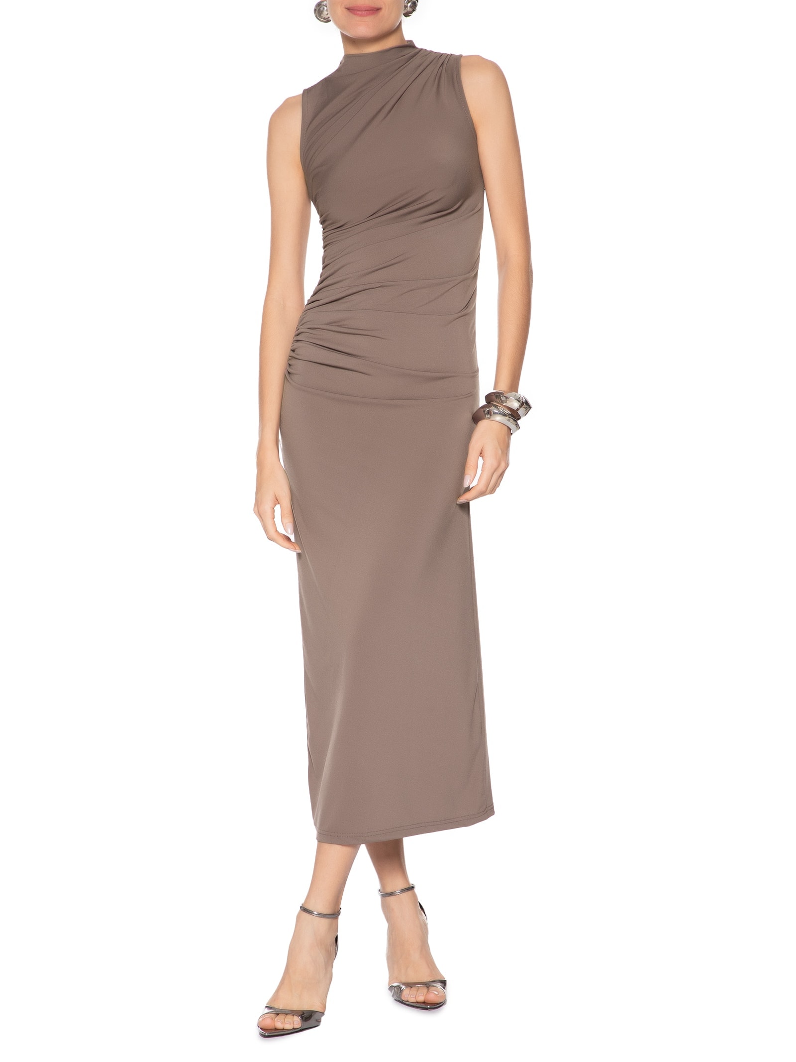 Vestido Midi Drapeado Marrom Market 33