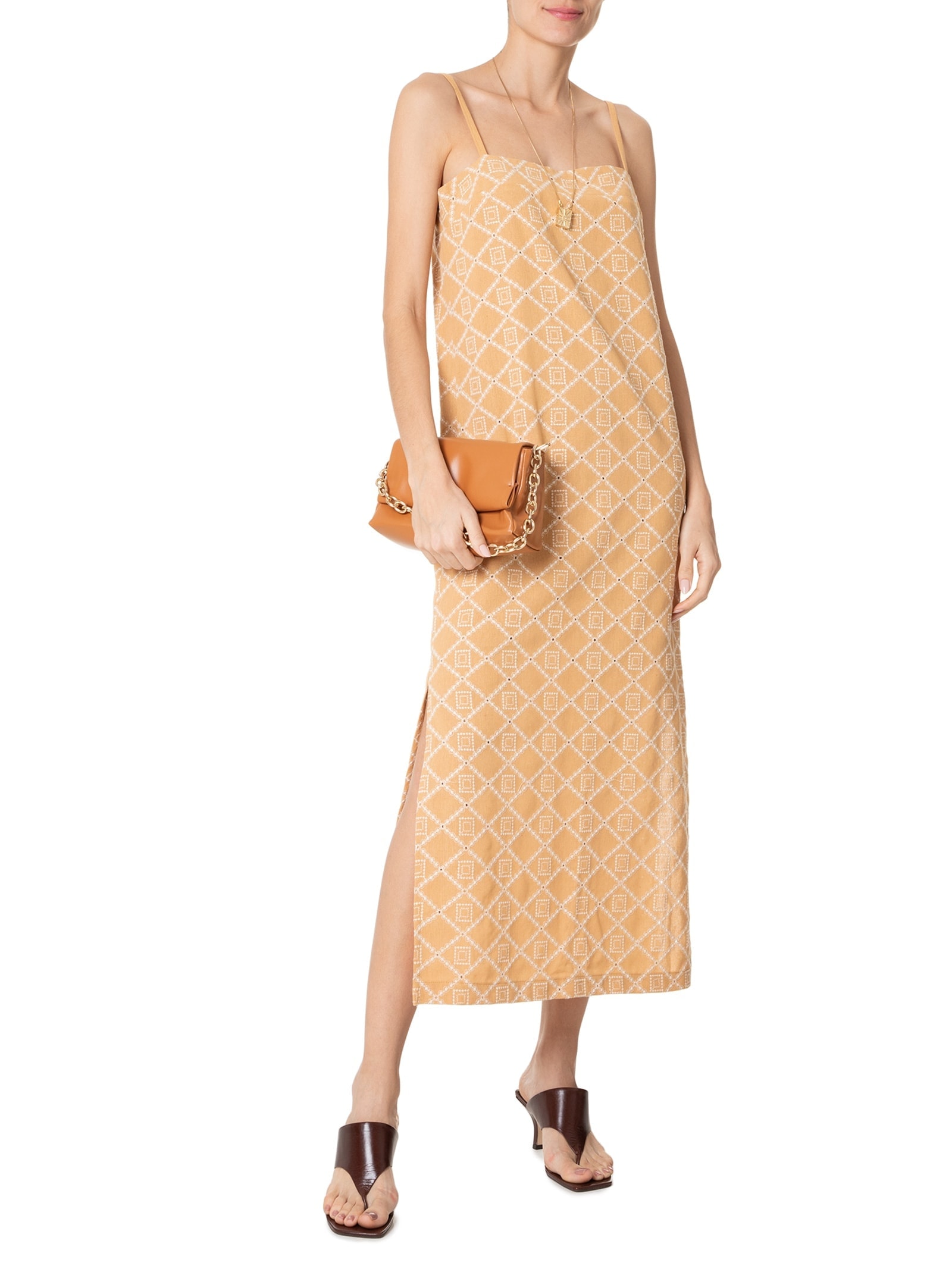 Vestido Midi Em Linho Bordado Bege '2Essential