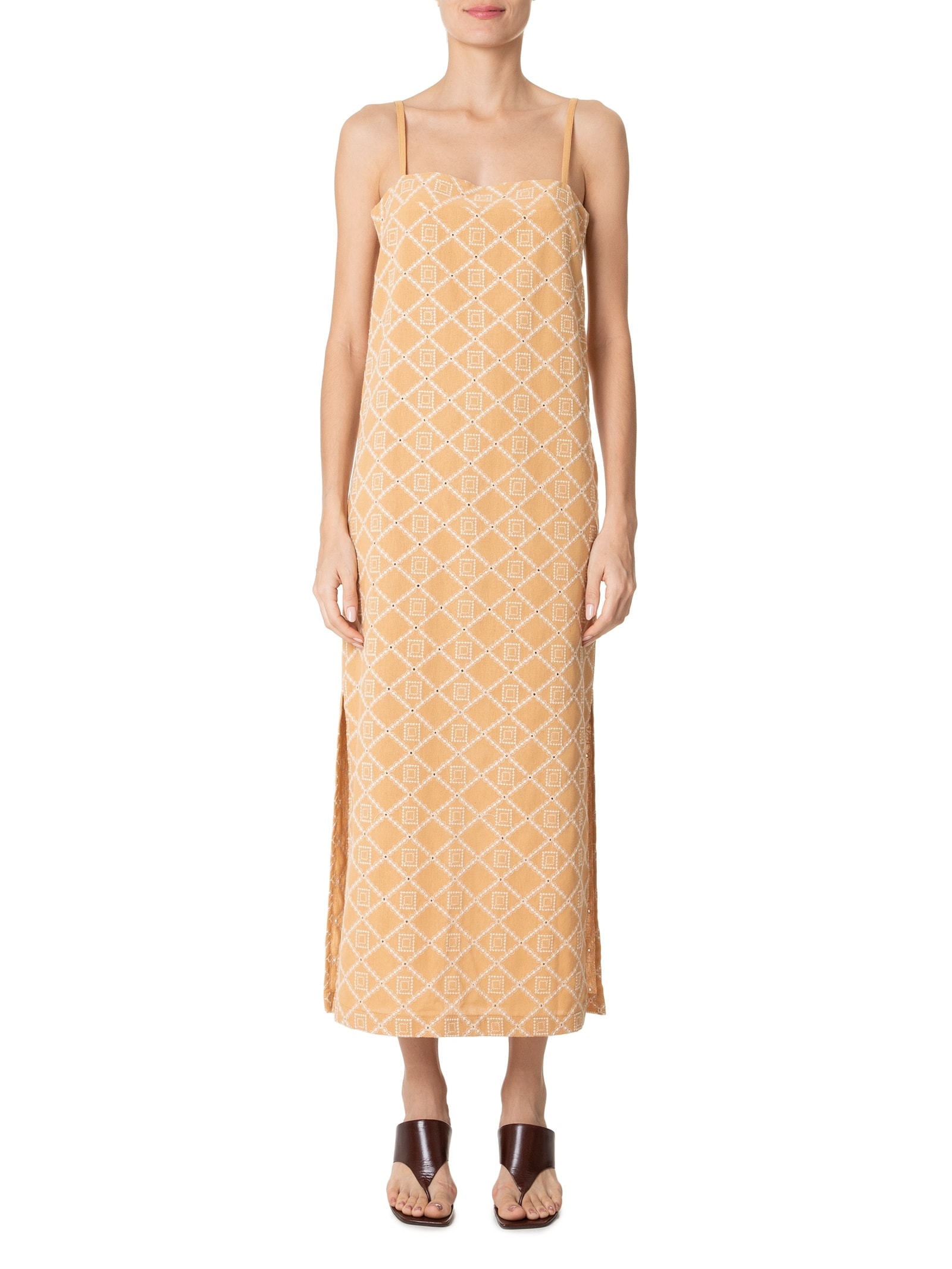 Vestido Midi Em Linho Bordado Bege '2Essential