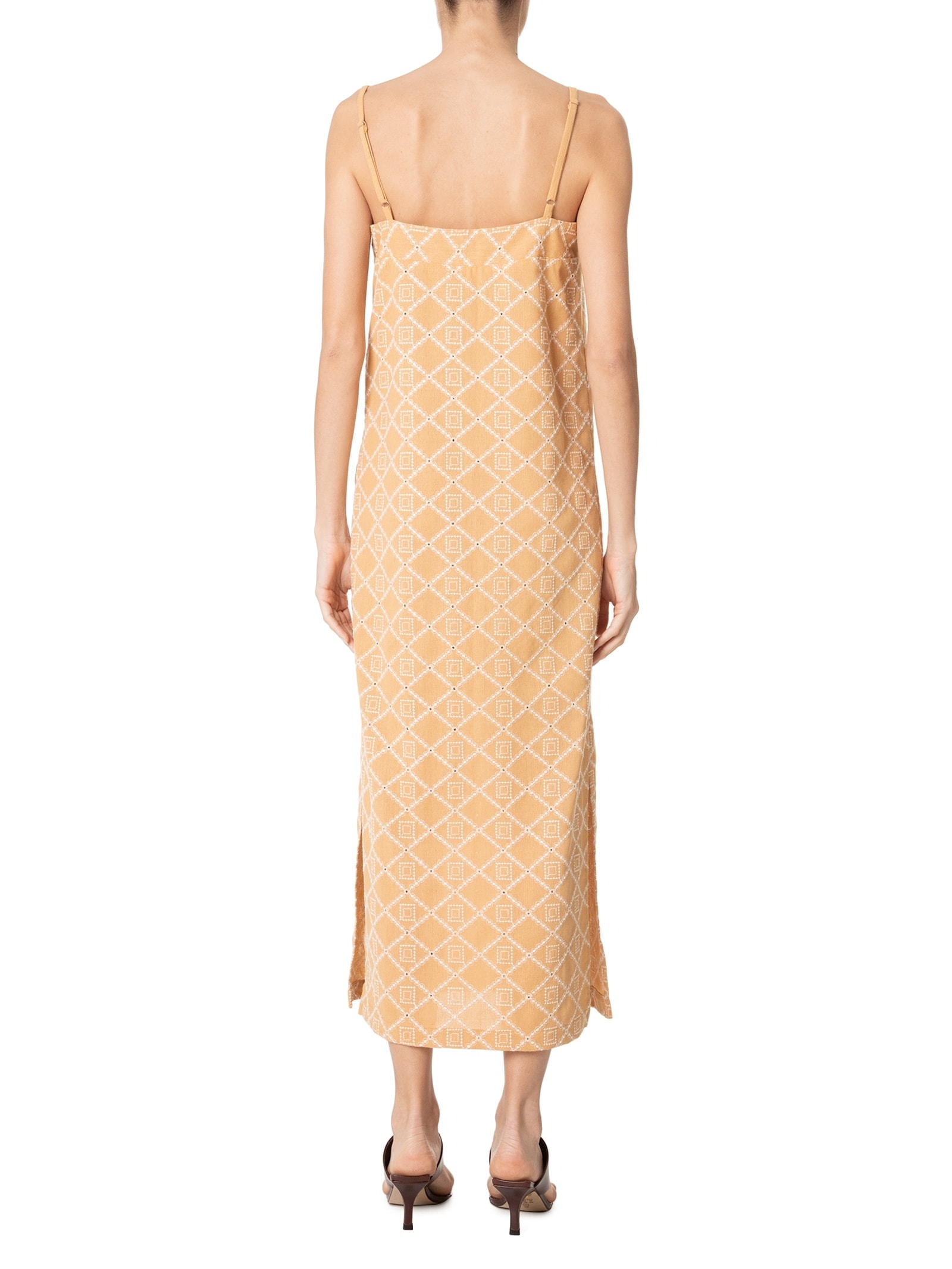 Vestido Midi Em Linho Bordado Bege '2Essential