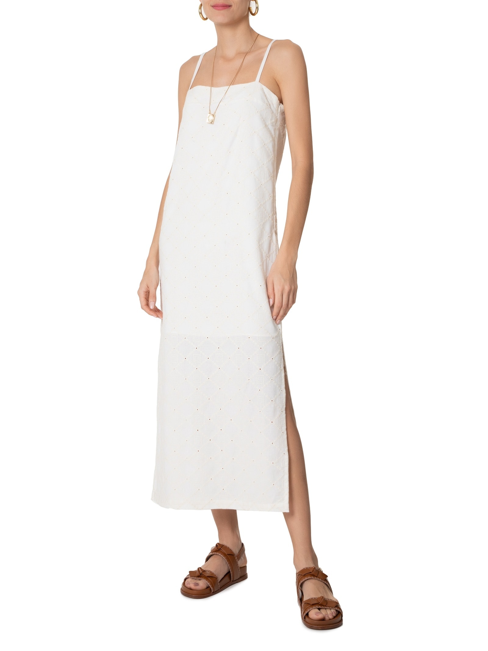 Vestido Midi Em Linho Bordado Off White '2Essential