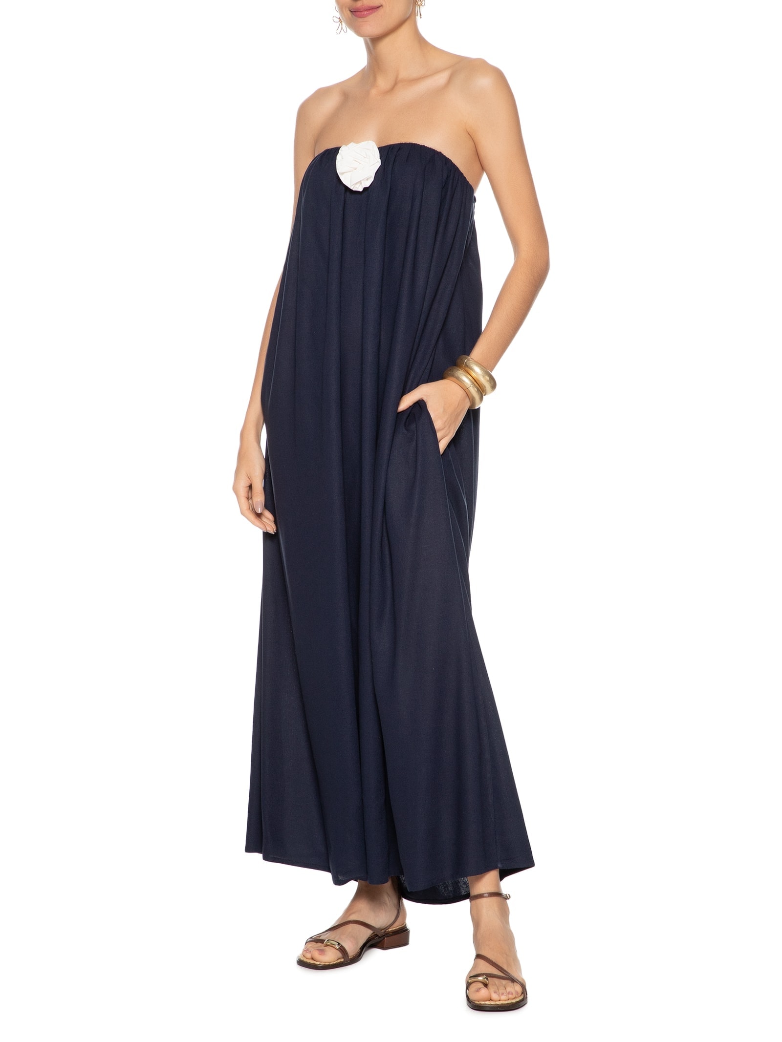 Vestido Midi Em Linho Misto Azul '2Essential