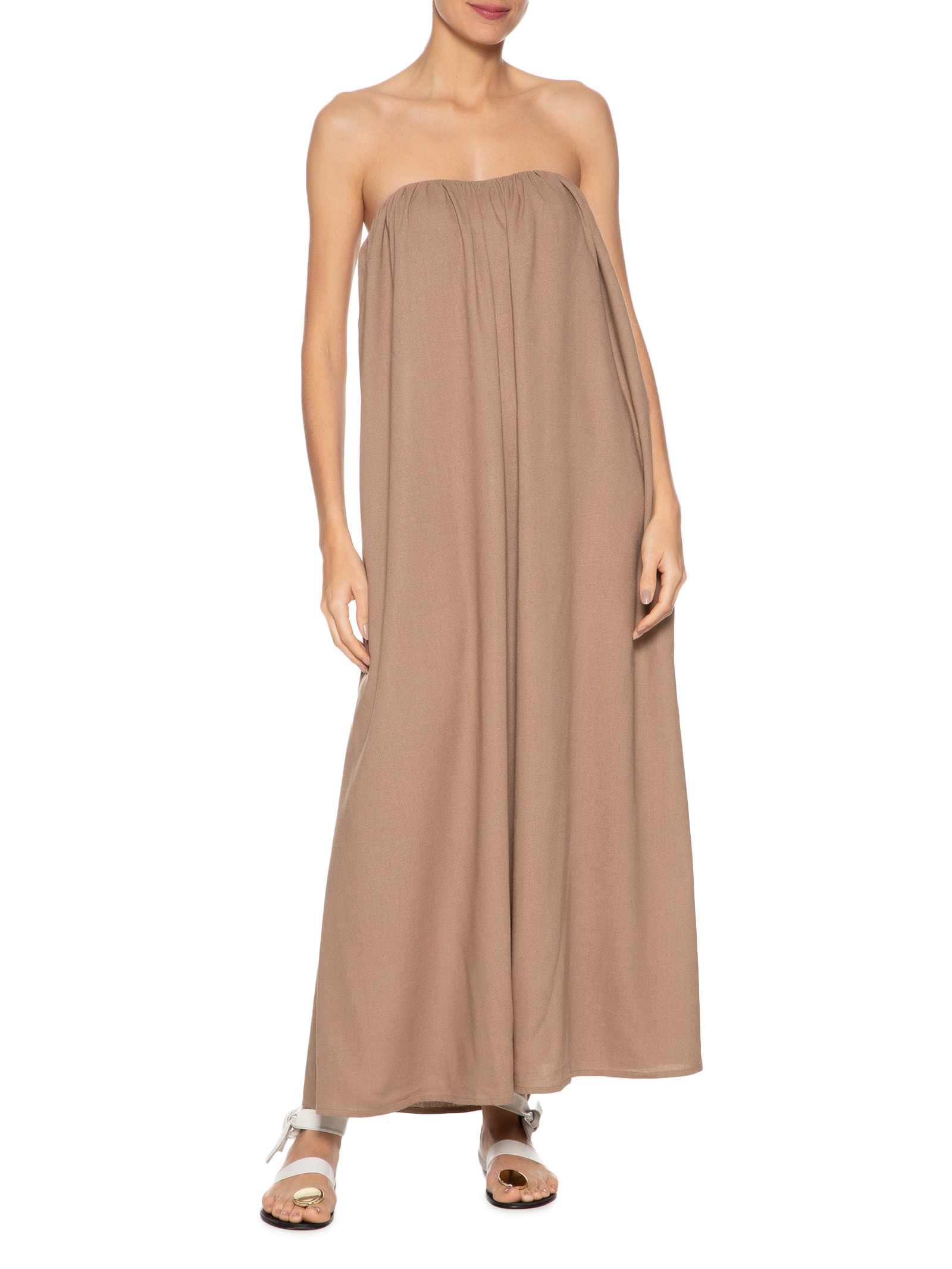 Vestido Midi Em Linho Misto Bege '2Essential