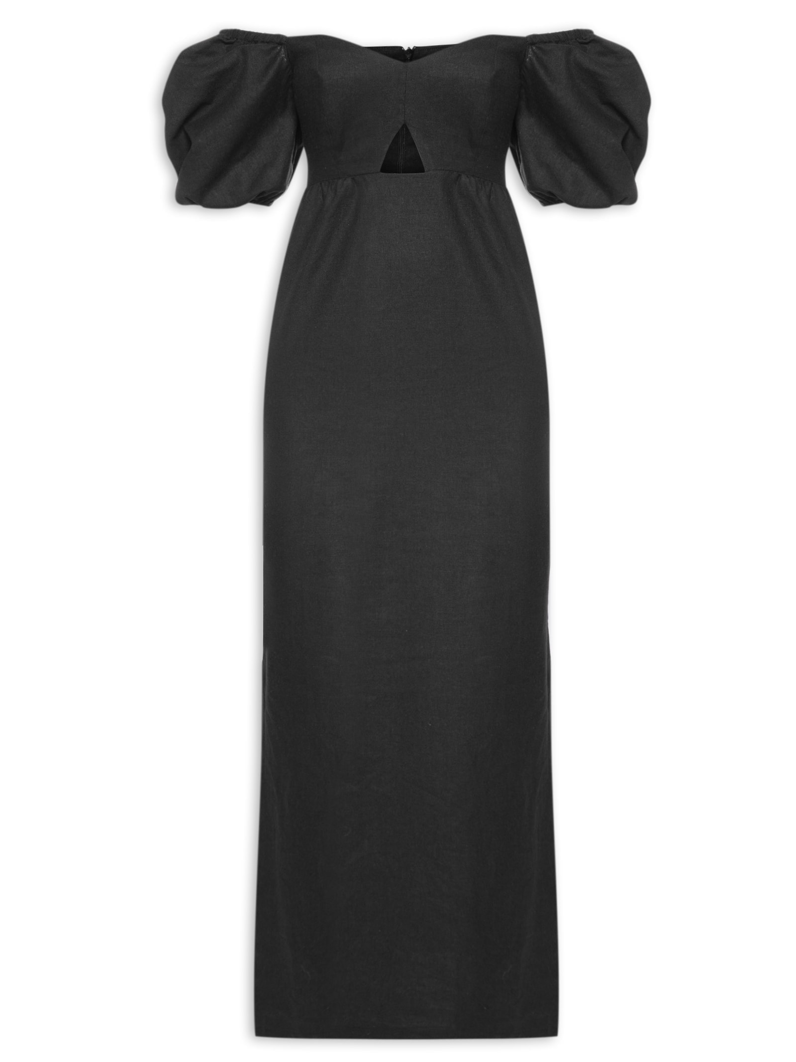 Vestido Midi Em Linho Misto Manga Bufante Preto '2Essential