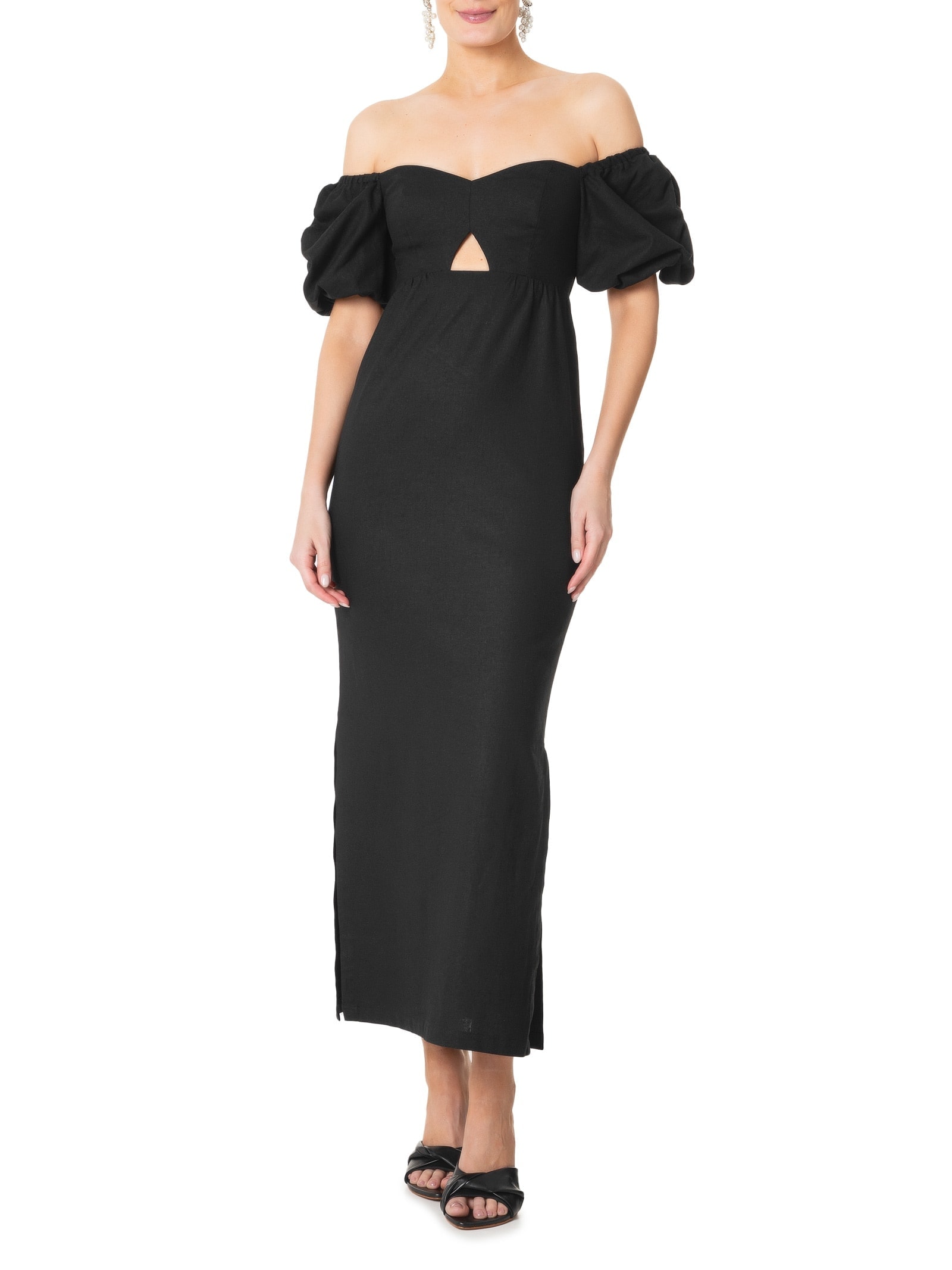 Vestido Midi Em Linho Misto Manga Bufante Preto '2Essential