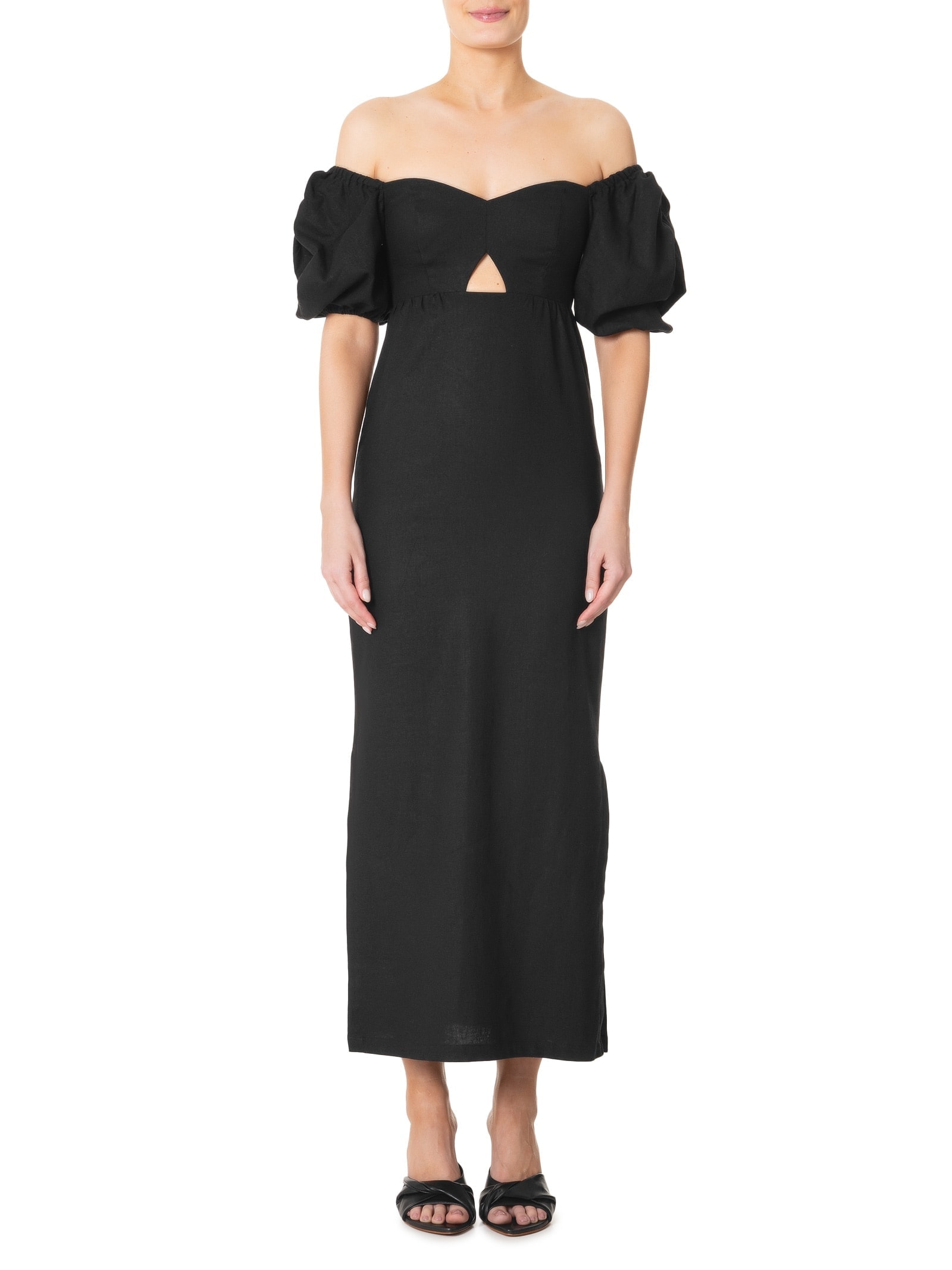 Vestido Midi Em Linho Misto Manga Bufante Preto '2Essential