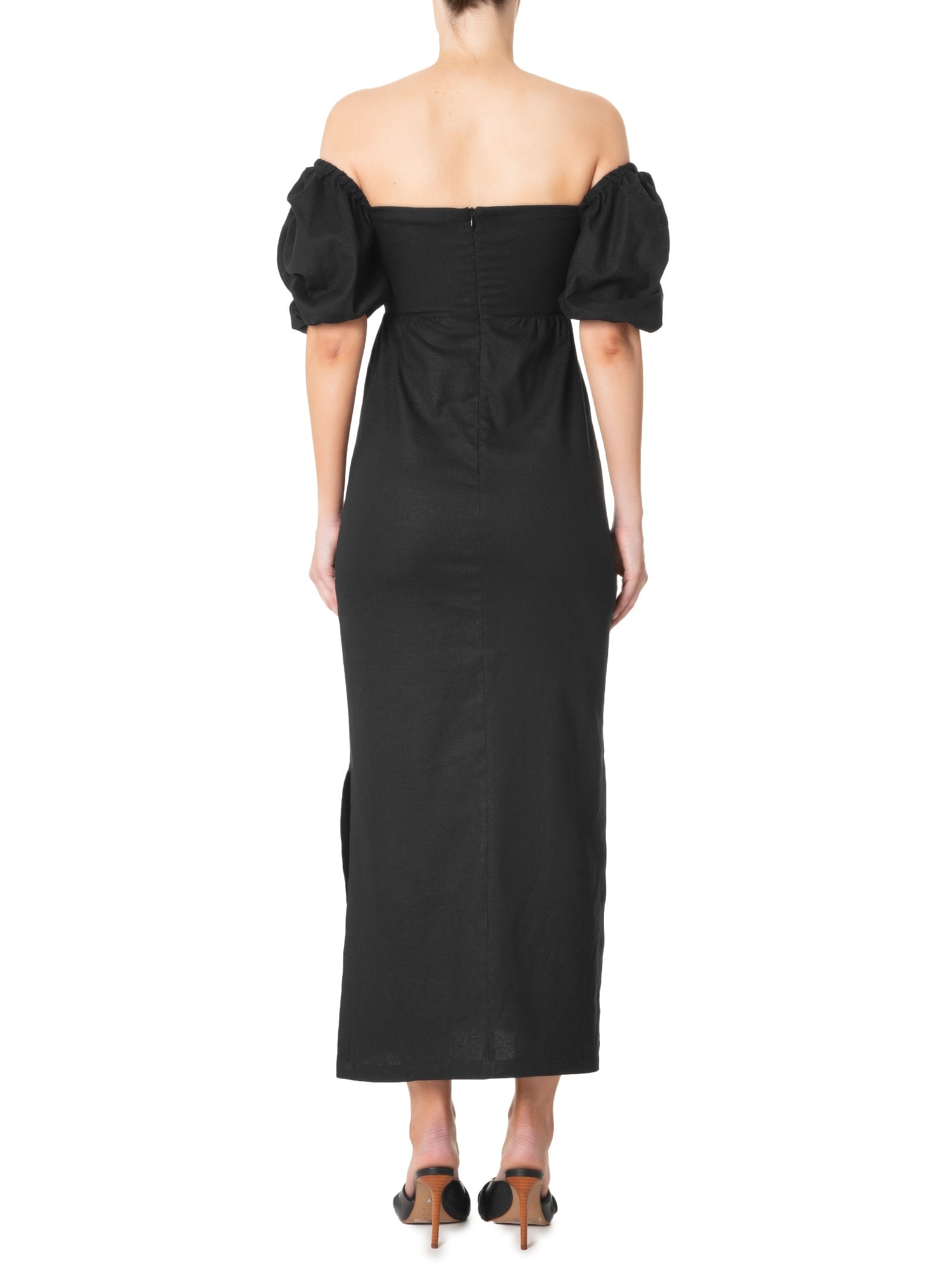 Vestido Midi Em Linho Misto Manga Bufante Preto '2Essential