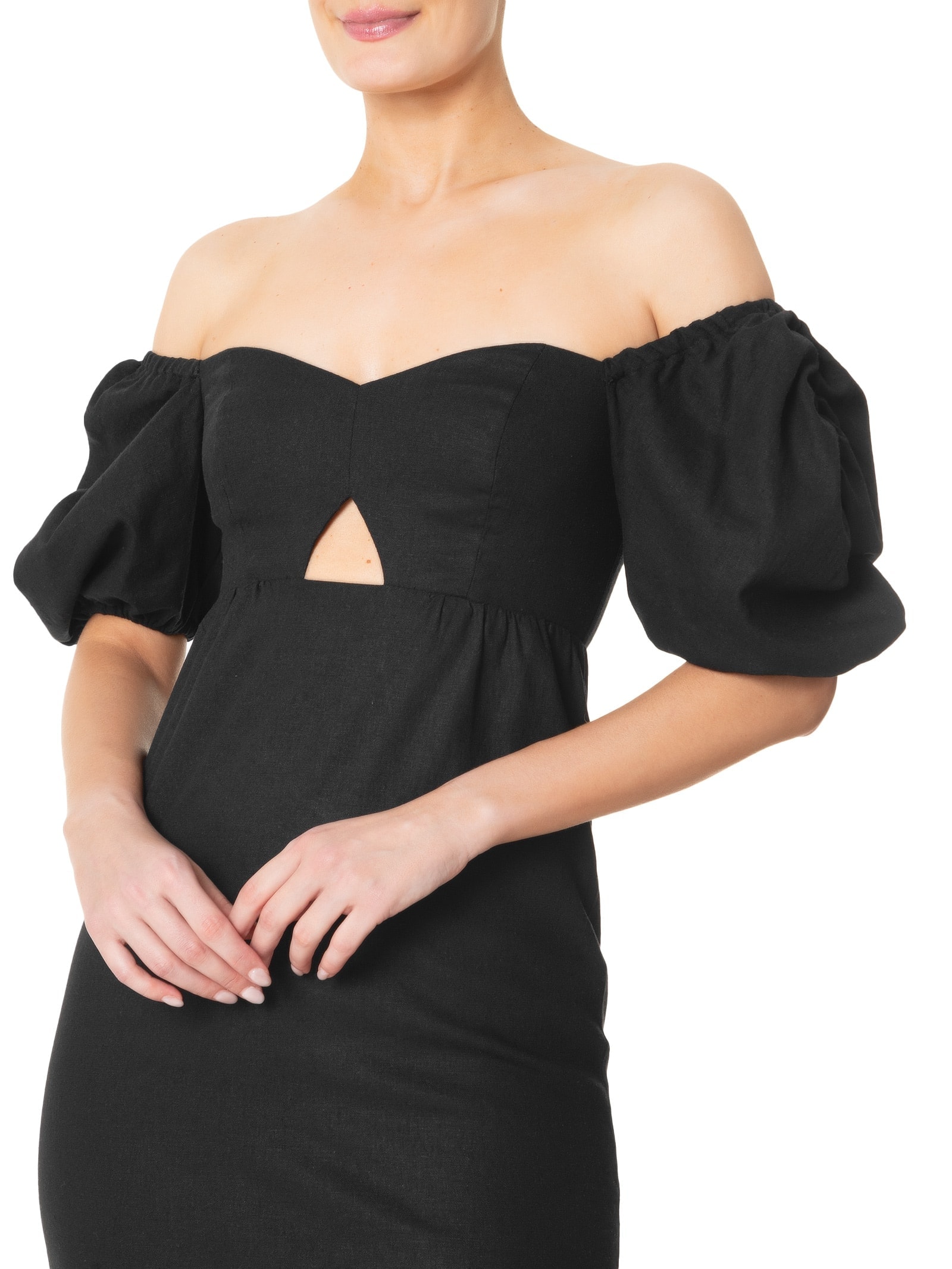 Vestido Midi Em Linho Misto Manga Bufante Preto '2Essential