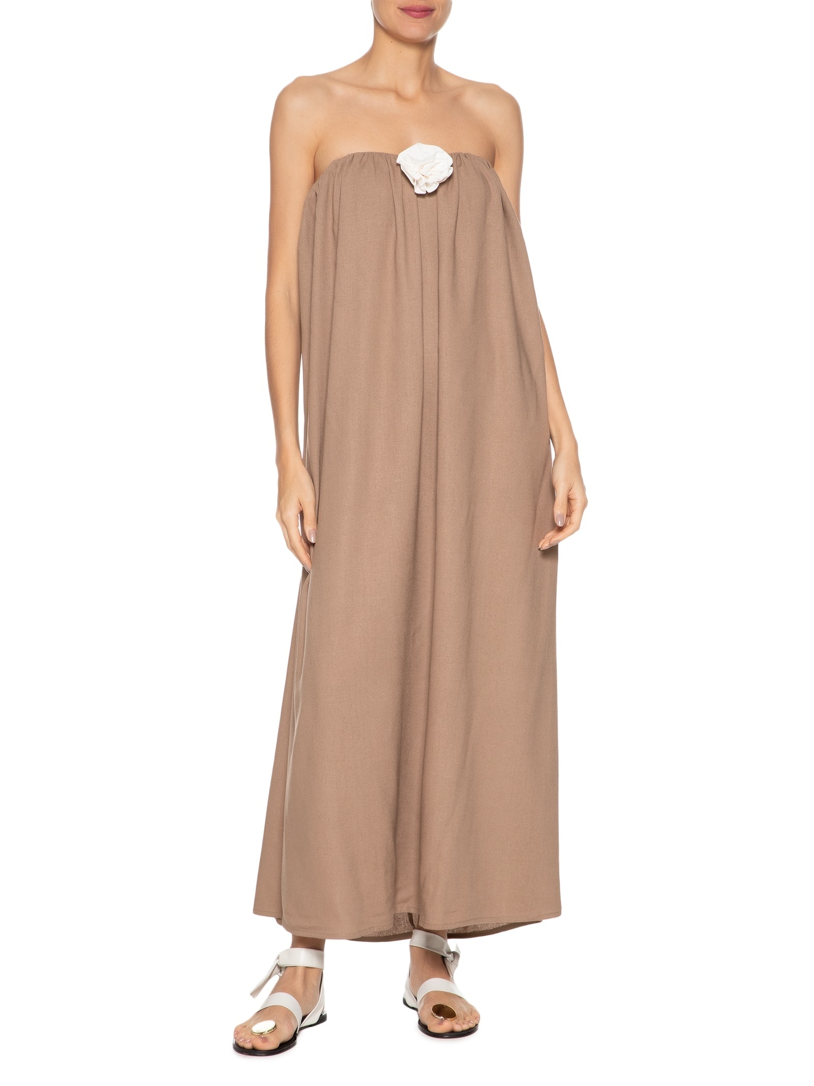 Vestido Midi Em Linho Misto Marrom '2Essential