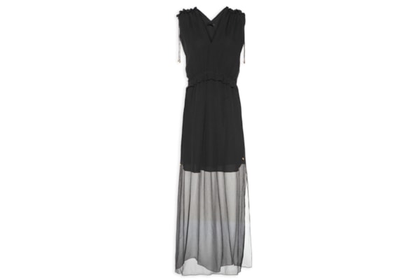 Vestido Midi Em Seda Pura Com Canaletas - Preto